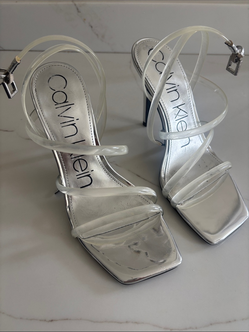 Calvin Klein Silver Metallic Stiletto Sandals with Clear Straps